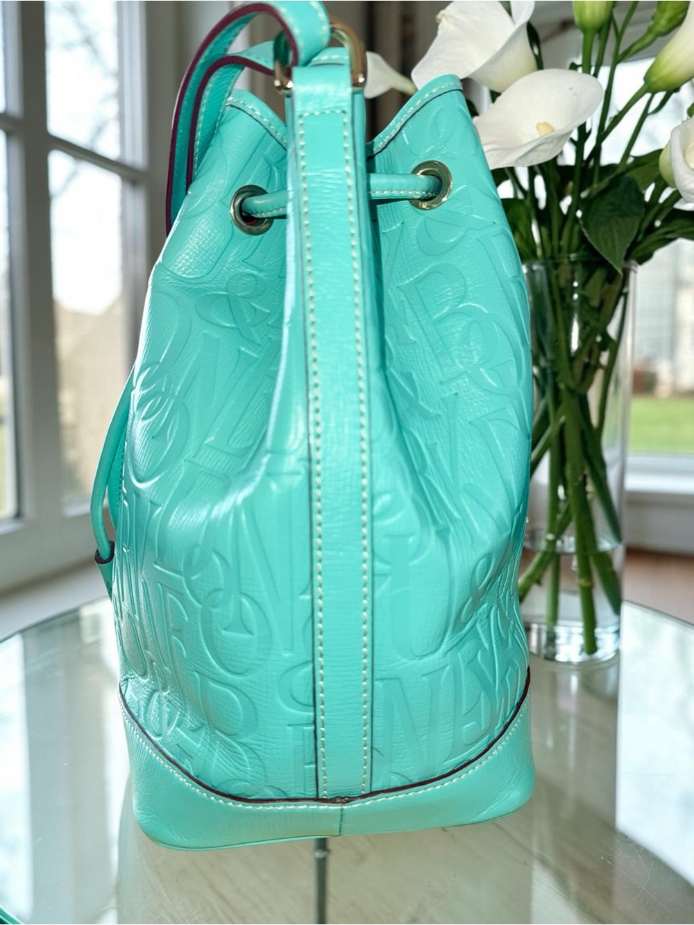 RARE Dooney & Bourke EUC Turquoise Retro Embossed Leather Drawstring Bucket Bag - Picture 8 of 15